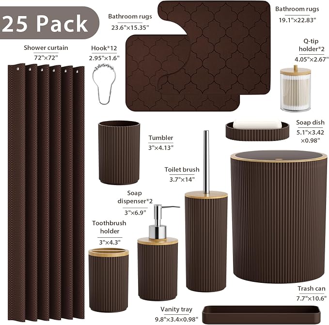 Brown and Wooden Bathroom Accessories Set, 25PC Bathroom Accessory Sets, Bathroom Sets with Push Top Trash Can, Shower Curtain and Rugs, Toilet Brush, Trash Can & Soap Dispenser
