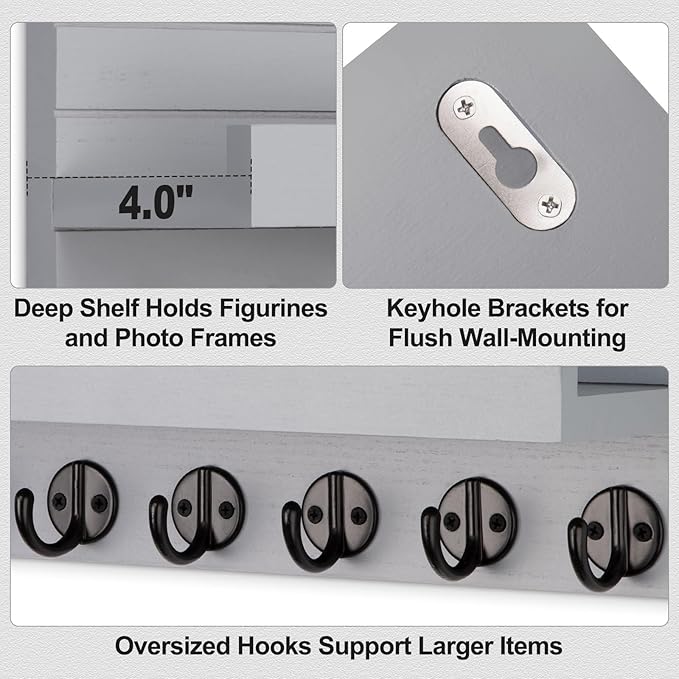 Lwenki Key Holder Wall Mount, Entryway Key and Mail Holder with 7 Sturdy Hooks for Sunglasses, Dog Leash, Decorative Wall Shelf with Mounting Hardware, 15”W x 6.7”H x 4.2”D (Gray)