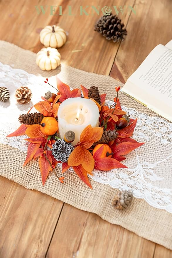 2 Pcs Mini Fall Orange Pumpkins and Maples Candle Rings Wreaths for Pillars Home Table Window Decor, 9" Artificial Flower Cabinet Wreath for Winter Kitchen Farmhouse Wedding Christmas Party & Gift