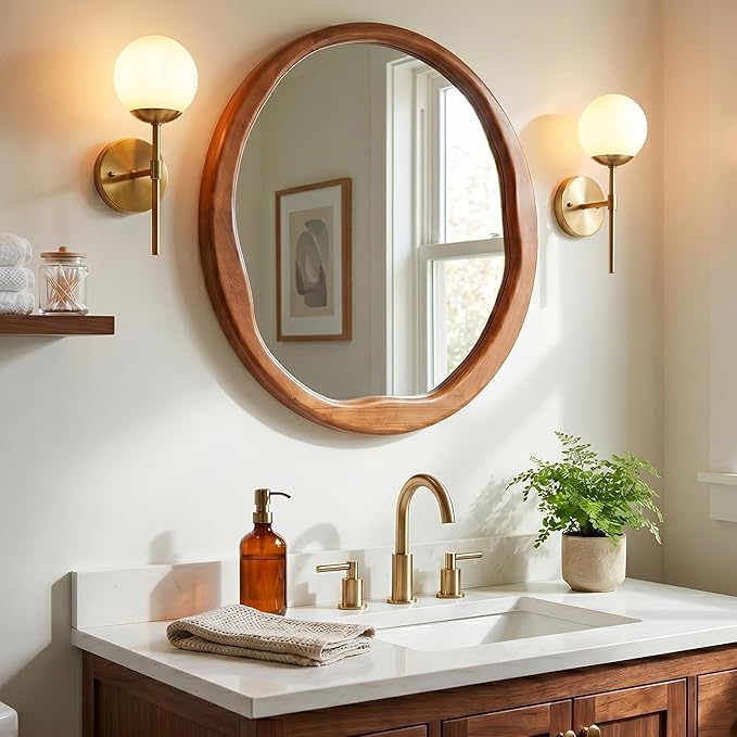 Walnut Round Mirror 24 Inch, Solid Wood Framed Bathroom Vanity Mirror with Wavy Inner Edge, Retro Mid-Century Wall Decor for Bedroom & Entryway