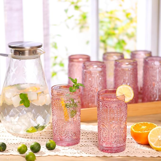 Darlion Pink Drinking Glasses, Highball Glass Cups, Pink Glassware, Drinking Glasses Set of 8, Vintage Water Cups for Party Wedding Gift