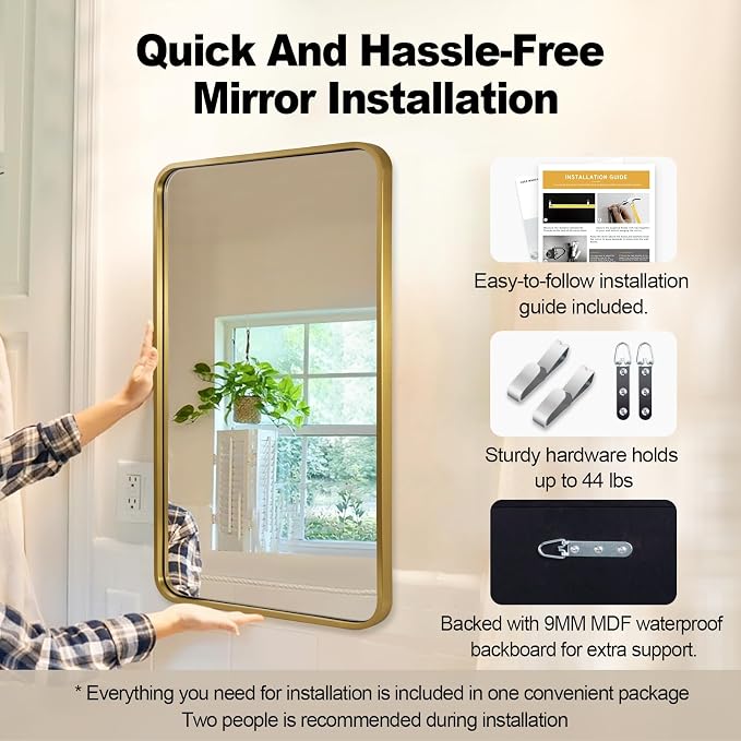 ANDY STAR 24x40 Inch Gold Bathroom Mirror, Rounded Rectangle Mirror, Brushed Brass Bathroom Vanity Mirror Oblong Tube Metal Framed, SUS304-Anti-Rust, Wall-Mounted Horizontal/Vertical 1’’ Deep