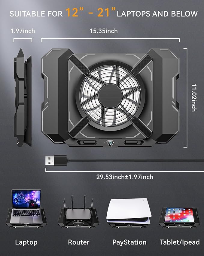 GSCOLER Laptop Cooling Pad, Gaming Laptop Cooler with 7.1 Inch Powerful Fan, RGB Lights & 3-Speed Fan Control & LCD Diamond Design, Height Adjustable Quiet Laptop Cooling Stand for 12"-21" Laptops etc