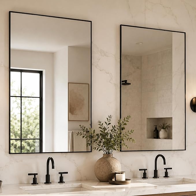 2-Pack 24"x36" Matte Black Bathroom Mirror, Thin Metal Frame, Heavy-Duty Rectangular Vanity Mirror for Over Sink, HD Shatterproof Glass, Modern Farmhouse & Industrial Style