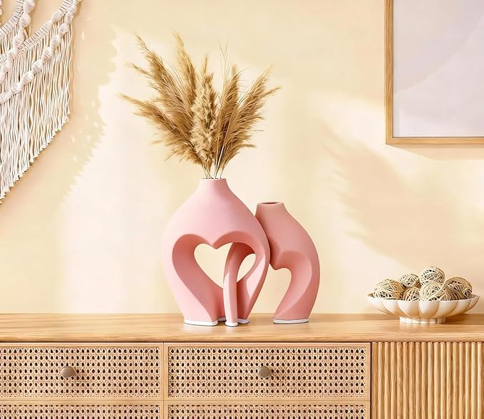 Pink Heart Shaped Ceramic Vases Set of 2, Modern Nordic Minimalist Flower Vases for Home Decor, Hollow Aesthetic Vases for Living Room, Shelf, Table, Office and Wedding Centerpieces