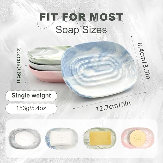 Elegant Ceramic Soap Dish for Shower with Unique Marble Texture, Decorative Bar Soap Holder for Bathroom & Kitchen, Easy Clean Versatile Oval Soap Dishes for Soap Bar