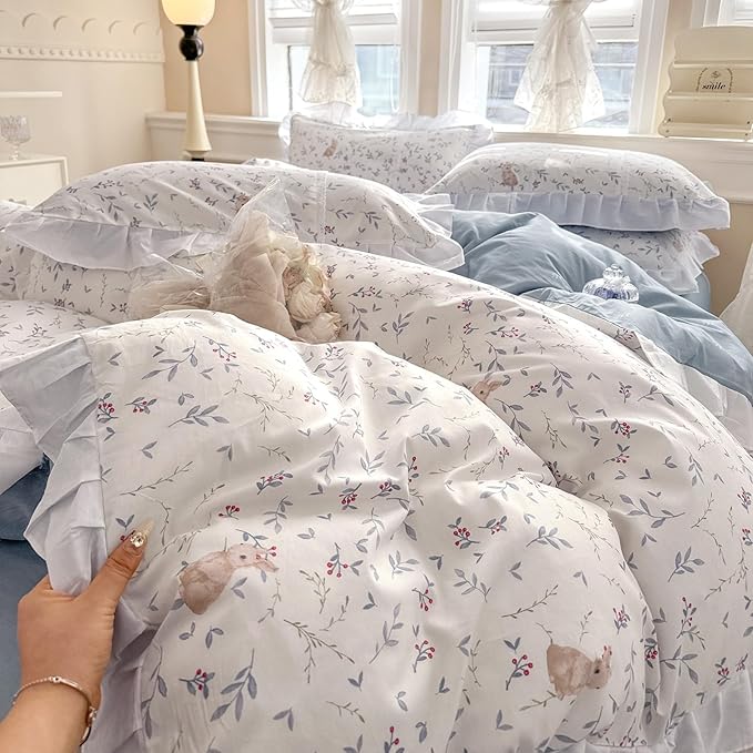 VM VOUGEMARKET Kids Comforter Set Full with Ruffles Botanical Rabbit Prints Bed Comforter with 2 Pillow Shams Lightweight Farmhouse Flower Quilt Set(3pcs,Full)
