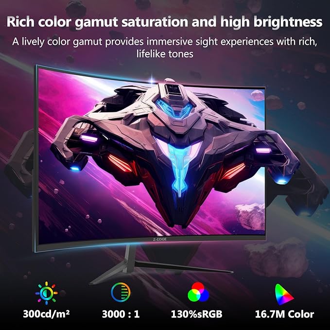 Z-Edge 24 inch Gaming Monitor, 180Hz 165Hz Curved 1650R Computer Monitor, FHD 1080P, Ultra-Fast MPRT 1ms Curved Monitor, 300nits, 16.7M Colors, UG24 1X DP 1.4 Port and 1X 2.1 HDMI Port