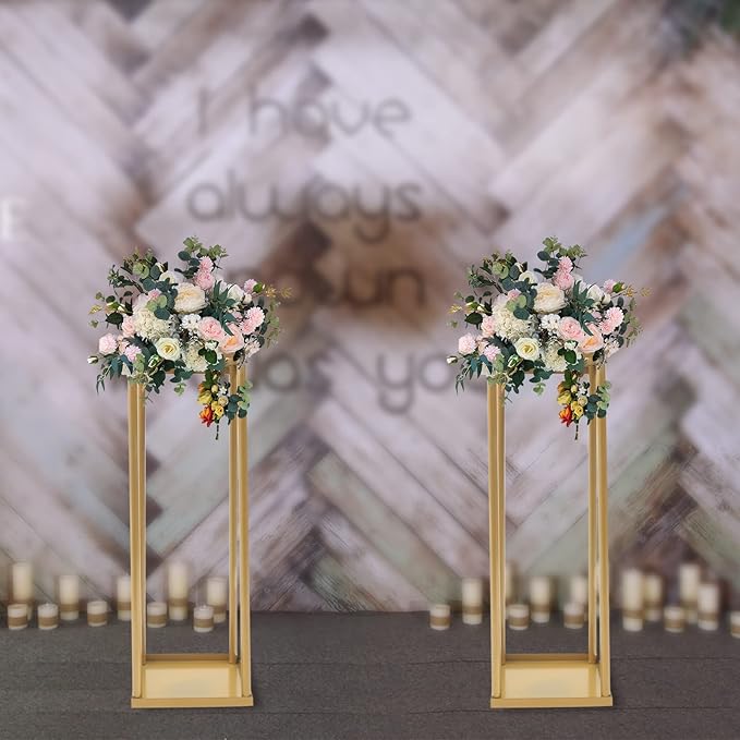 2PC 23.6" Flower Stand for Wedding Metal Cylinder Stands for Party Rectangular Gold Centerpieces Flower Vase Gold Pedestal Columns for Weddings Indoor Outdoor Flower Plant Stand Decoration
