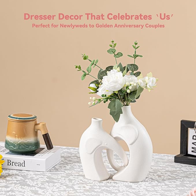 Elephant Couple Vase Set - 2-Piece White Ceramic Vases with Heart-Shaped Trunk Design, Romantic Gifts for Couples, Wedding Gift for Couple, Decorative Vase for Living Room/Dresser