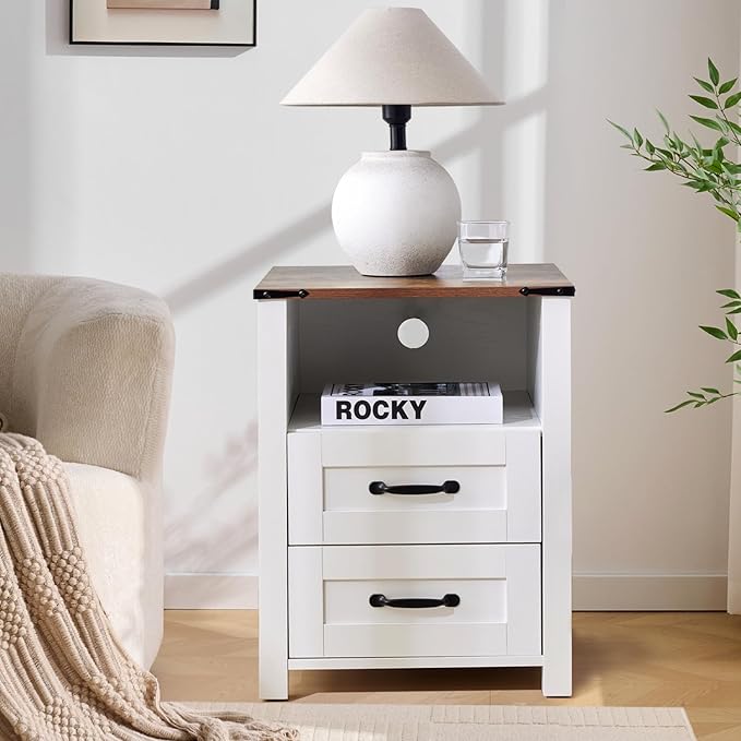 Farmhouse Night Stand Set of 2, Rustic White Nightstand for Bedroom, End Tables Without Charging Station, Bedside Table with Drawers, Wood Bedside Cabinet Dresser