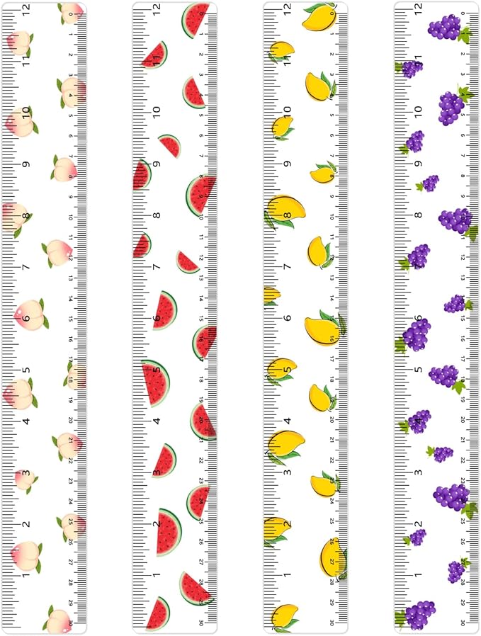 BAYTORY 4Pcs Transparent Acrylic Ruler 12 Inch, Clear Plastic Straight Rulers, Shatterproof Student Stationery Centimeters with Inches, for Classroom Essentials School Supplies (Fruit)