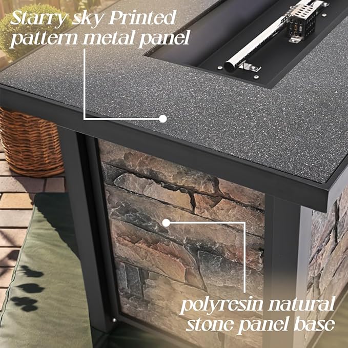 YATEMATE 48" Fire Table with Metal Top, Propane Gas Fire Pit Table, Rectangular Fire Table, 50,000 BTU for Outdoor Use, Including Metal Lid, Lava Rocks & Rain Cover