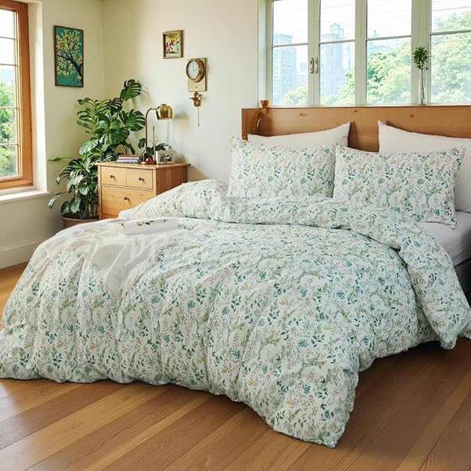 100% Cotton Duvet Cover Sets Queen Size Reversible Green Garden Bedding Sets Duvet Cover Super Soft Comforter Cover with Zipper Closure, Lightweight, Breathable