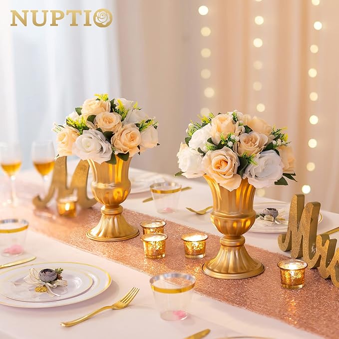 Nuptio Gold Vases for Centerpieces Wedding - 2 Pcs 9in Height Metal Urn Planter Elegant Wedding Centerpieces for Tables - Trumpet Vase for Weddings Party Decoration Centerpiece Table Decorations