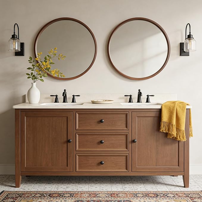 WallBeyond 28 Inch Round Wood Mirror, Large Circle Wooden Frame Wall Mirror for Bathroom, Living Room, Bedroom, Entryway (Walnut)