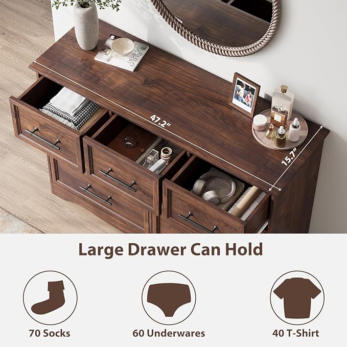 Walnut Dresser for Bedroom, Modern 7 Chest of Drawers, 47" Wide 7 Drawer Dresser with Brushed Metal Handle, Wood Closet Organizers and Storage Cabinet for Bedroom, Living Room, Hallway