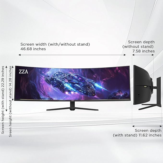 ZZA 49 Inch Curved Monitor, 32:9 Dual QHD 5120x1440 Ultrawide Curved Monitor, 120Hz with 1500R Curvature, 120% sRGB, Height Adjustable Stand, HDMI 2.1 & DisplayPort 1.4
