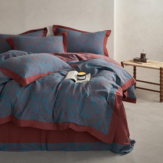 Blue Red Duvet Cover Full Forest Theme Retro Floral Duvet Cover Vintage Jacquard Bedding Set Premium Yarn-Dyed Cotton Linen Duvet Cover Botanical Tree Leaves Bedding Comforter Cover with Zipper Ties