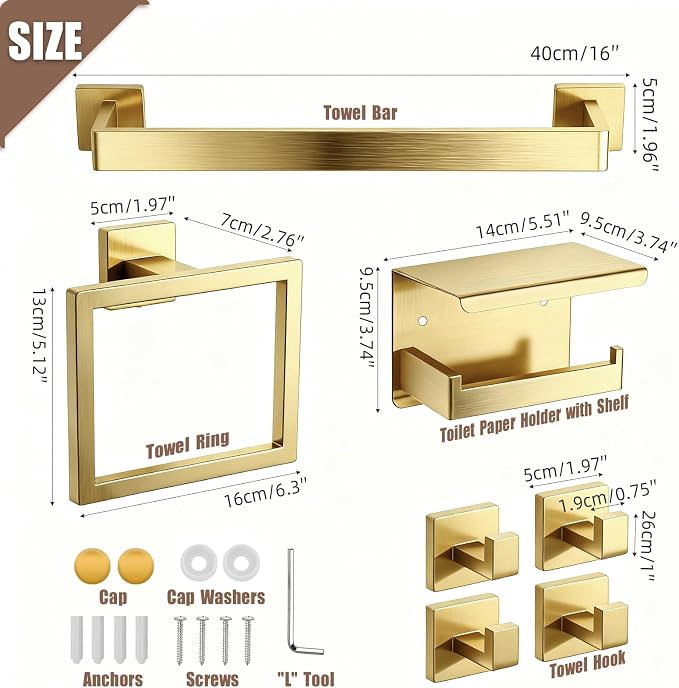 Brushed Gold Bathroom Accessories Hardware Set, 7-Pieces Stainless Steel Towel Racks for Bathroom, 16 Inch Towel Bar, Towel Holders, Updated Toilet Paper Holder with Shelf Wall Mounted