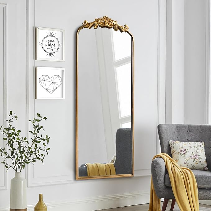 OUSHUAI Large Gold Antique Mirror, Tall Arched Floor Mirror,Ornate Design Vintage Wall Mirror Decor for Entryway,Hallway,Living Room,Fireplace 18"X53"