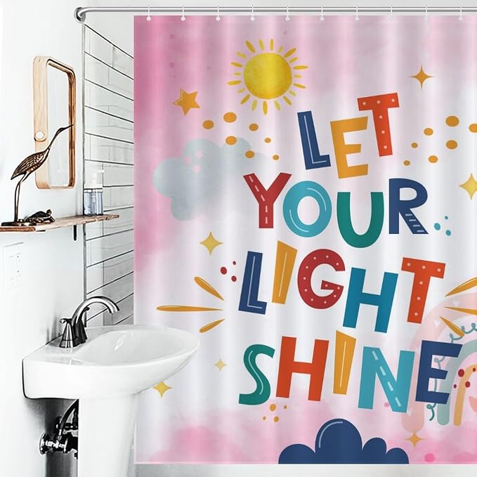 Pink Rainbow Shower Curtain for Bathroom, Boho Cute Inspirational Motivational Quotes Rainbow Colorful Baby Kids Girls Waterproof Fabric Shower Curtain Set with Hooks, 72"x84" Inch