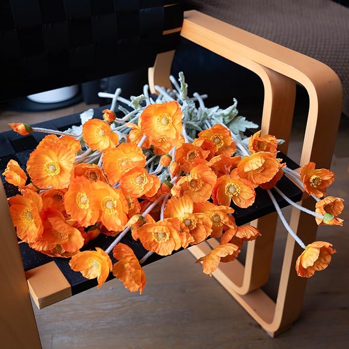 Artificial Flowers 6 Stems Poppy Silk Bouquet,for Wedding, Home, Party Decoration,Table Centerpiece Arrangement(Orange)