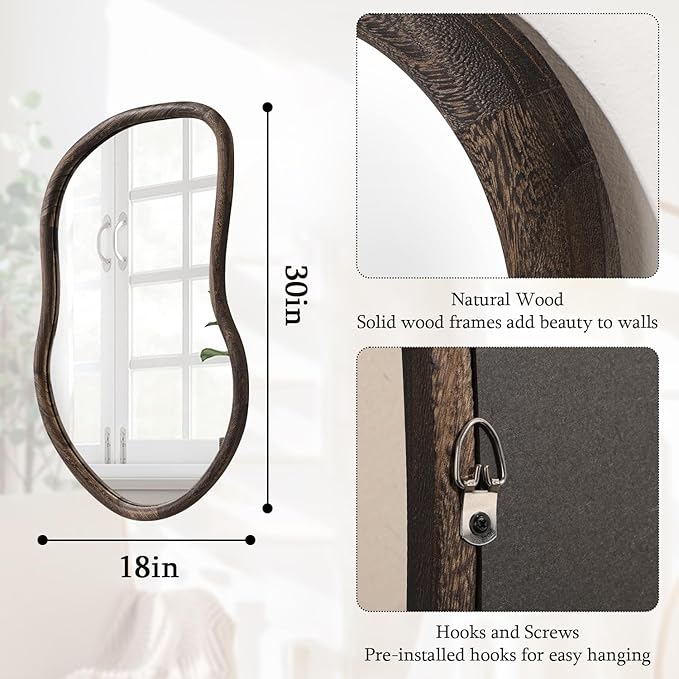 Asymmetrical Wall Mirror Rustic Brown Farmhouse Irregular Mirrors Wood Framed Mirror for Wall Wall Mirrors Decorative Hanging Mirrors for Wall Living Room Bedroom Entryway