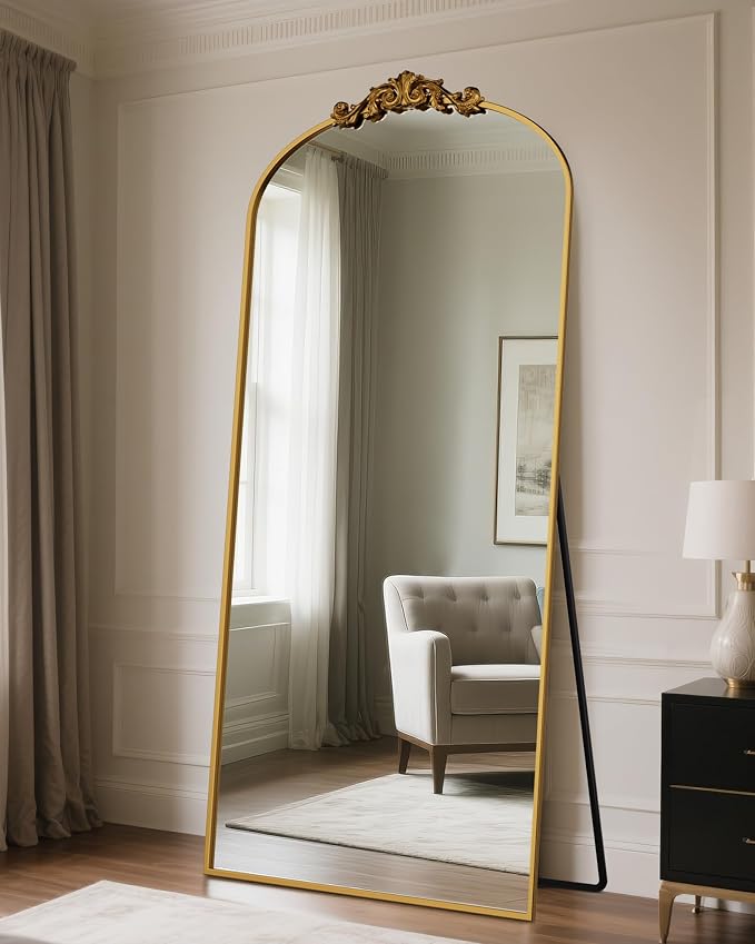 Antok Arched Full Length Mirror, 78"x38" Floor Mirror with Carved, Full Body Mirrors for HomeDecor, Standing/Halling Large Wall Mirror for Bedroom, Living Room, Cloakroom, Gold, Retro Style