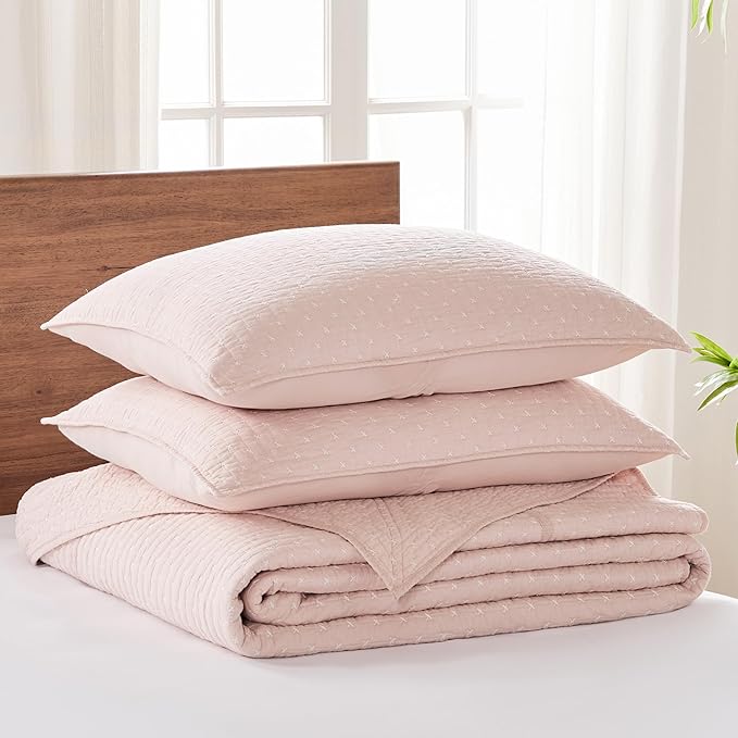 Levtex Home Cross Stitch Reversible King Bedspread Set (120x104in) with 2 Pillow Shams (36x20in) - Stitch Texture - Blush - Cotton King Size Bedspread Set - Soft, Pre-Washed