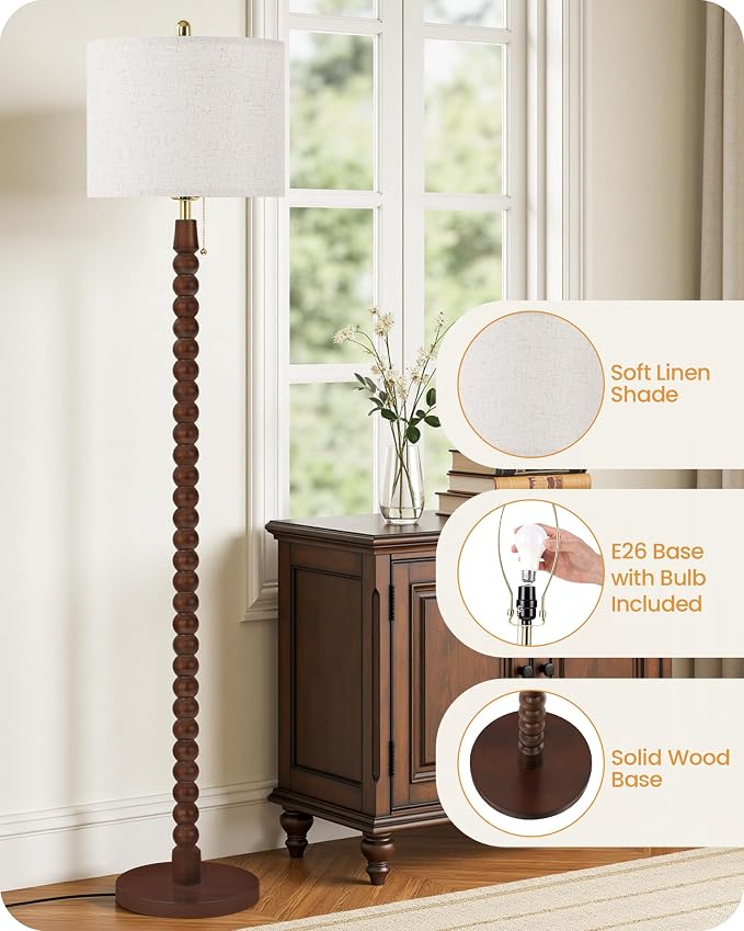 65" Solid Wood Floor Lamps for Living Room with Pull Chain Switch, Adjustable Color Temperatures, Vintage Farmhouse Floor Lamp, Tall Standing Lamp for Bedroom, Entryway, Reddish Brown SVE28LD05