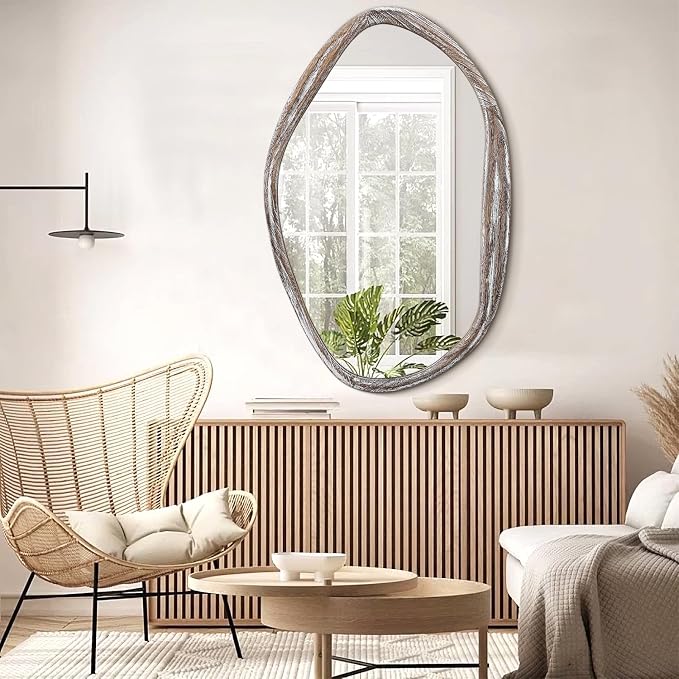 JJUUYOU Asymmetrical Mirrors Large Irregular Bathroom Wall Mirror 28"x20" Large Wooden Frame Modern Mirror Wall Mirror for Makeup Bathroom Living Room,Brown