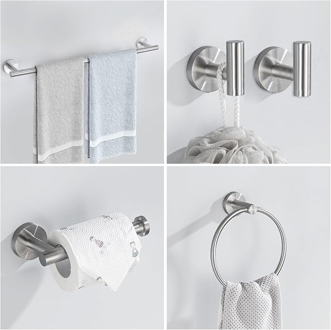 Brushed Nickel Bathroom Hardware Set, 6 Pieces Towel Bar Bathroom Accessories Set Toilet Paper Holder Towel Holder Towel Ring and Towel Hooks Wall Mounted, SUS304 Stainless Steel Towel Rack Set