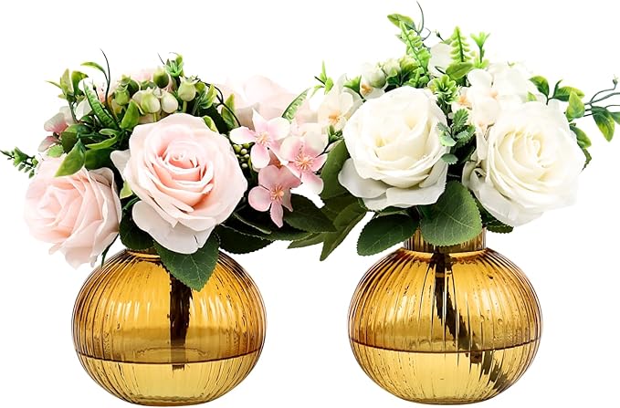 Round Glass Vases, Set of 2 Small Vases for Flowers, Amber Glass Vase for Tulips, Modern Vase for Living Room, Office, Coffee Table, Shelf, Wedding, 5 Inches