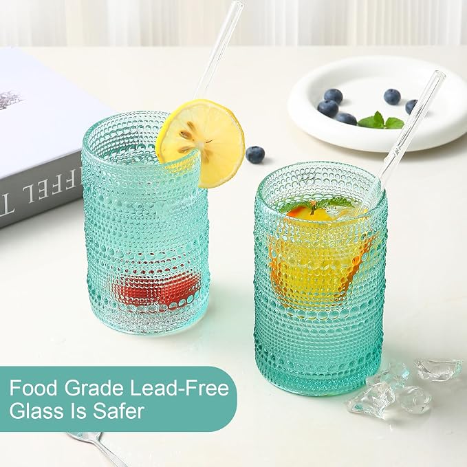 ZMOWIPDL Vintage Glassware Drinking Glasses Set of 6,15 oz Hobnail Glass Cups,Embossed Lake Blue Water Tumbler,for Beer,Cocktail,Whiskey,Juice and Various Mixed Drinks- 1 Cleaning Brush