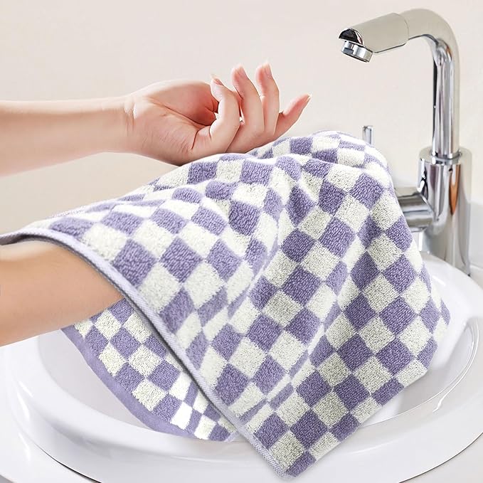 Hand Towel for Bathroom Guest Room Home - 100% Cotton Face Towel Set Lilac Checkered, Extra Soft, Absorbent 4-Piece for Daily Use