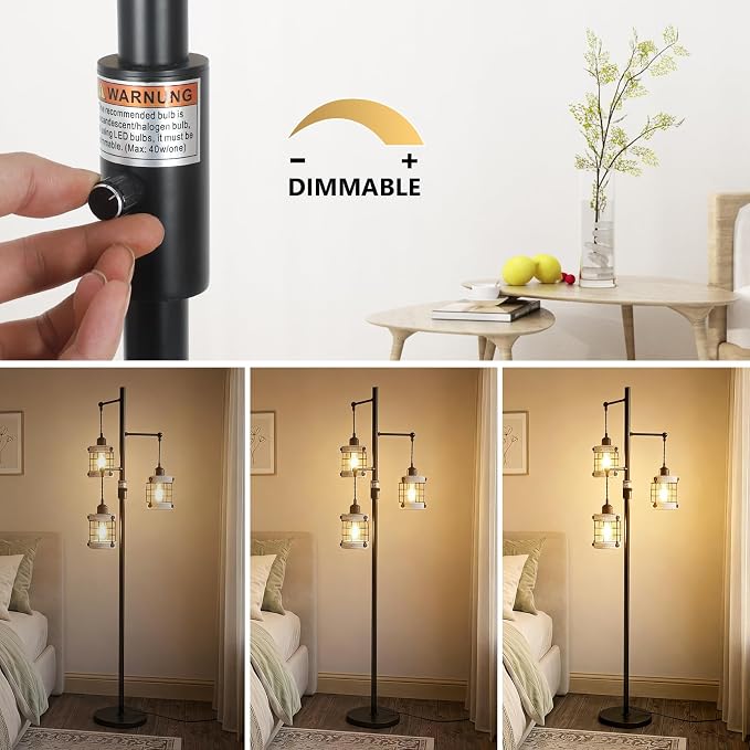 3-Lights Floor Lamp with Metal Wood Cage Lampshades, Vintage Standing Lamp for Living Room, Dimmable Tall Lamp for Bedroom, Industrial Tall Floor Lamps Rustic Corner Lamp for Reading Home Decor