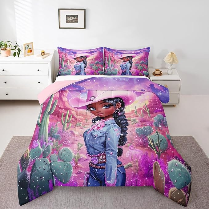 Western Cowgirl Comforter Set Queen Size,Reversible African Style Cute Girl Print Black Bedding Set for Women Adult,Dreamy Stars Purple Galaxy Sparkling Luxury Bed Duvet Insert, 2 Pillowcases