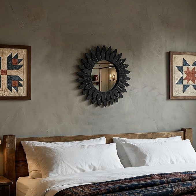 Boho Wood Sunburst Round Wall Mirror, 20 Inch Rustic Circle Wooden Frame Decorative Mirror for Farmhouse Coastal Home, Home Wall Decor for Living Room Entryway Bedroom, Black