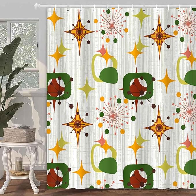 Mid Century Shower Curtain, 72x72inch, Modern Abstract Retro Green Striped Geometric Shower Curtain Sets 1950s Boho Bathroom Shower Curtain with 12 Hooks