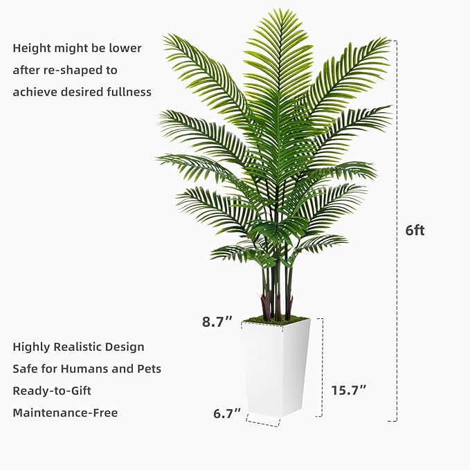 Artificial Palm Tree 6FT - Fake Tree with Gray Tall Planter - Faux Tropical Areca Floor Plant in Pot - Artificial Silk Plant for Home Office Living Room Decor Indoor