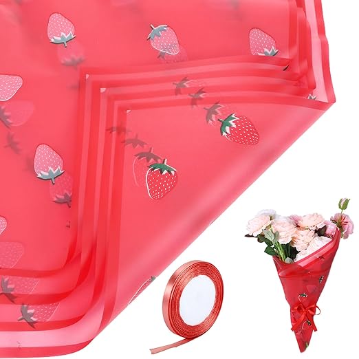 20 Sheets Flower Wrapping Paper, Matte Florist Strawberry Flower Bouquet Wrapping Paper With Ribbon, Red Floral Wrap Papers for Bouquets, Gift Wrap Papers Birthday Girl Wedding Christmas Gifts