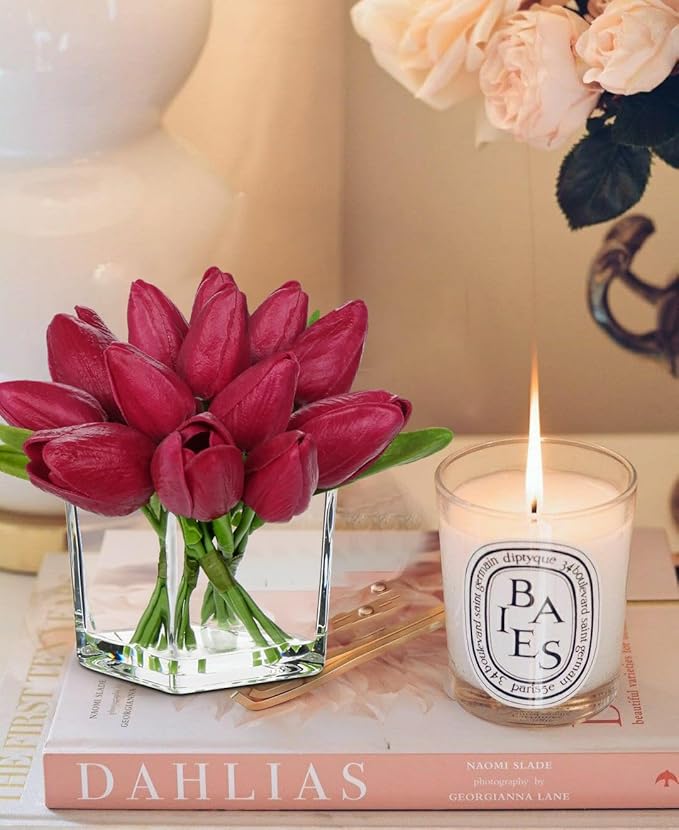 DILATATA Artificial Hot Pink Tulips in Vase with Faux Water 5.5" Real Touch Flowers Fake Tulips Small Flowers Arrangement in Cube Glass Vase for Mother's Day Table Centerpiece Wedding Home Decor