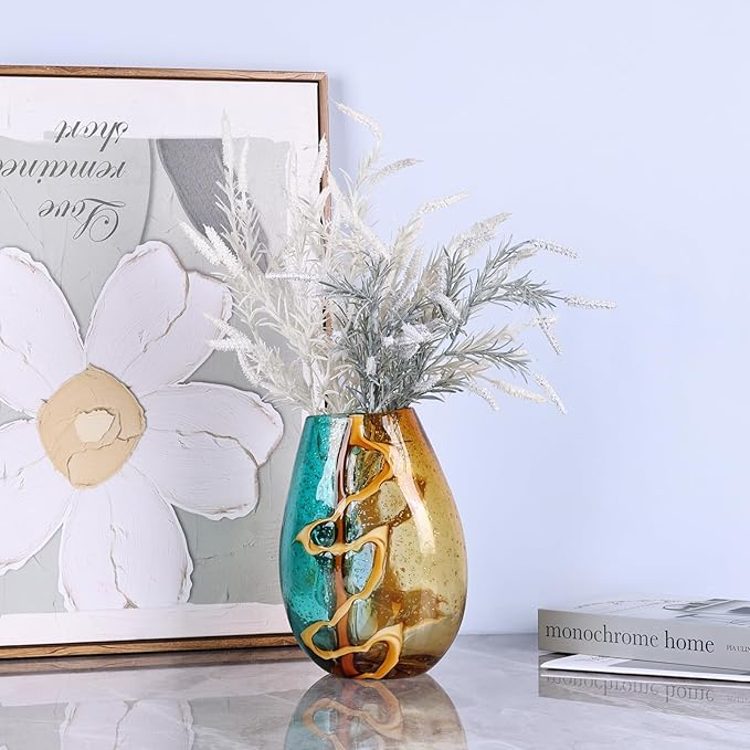 Pretty Hand Blown Glass Vase, Colored Glass Flower Vases Home Decor, Amber and Teal Decorative Murano vase for Living Room Office Bedroom Coastal Table Centerpieces Gift