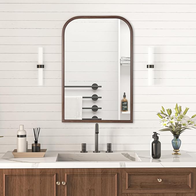 24"x36" Arch Wall Mirror Bathroom Mirror for Wall Mounted, Tempered Glass, Wood Grain Finish Frame Wall Mirror Decorative for Bedroom Living Room Entryway, Rustic Brown