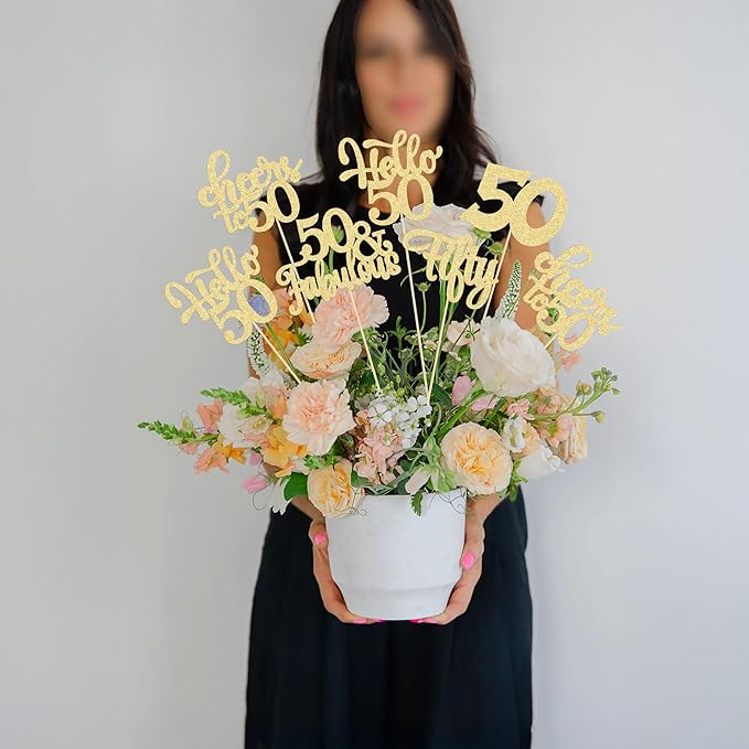 Gyufise 15Pcs 50th Birthday Centerpiece Sticks Fifty Happy 50th Table Flower Centerpieces Sticks Cheers to 50 Floral Decorations for 50th Birthday Party Centerpieces Supplies Gold