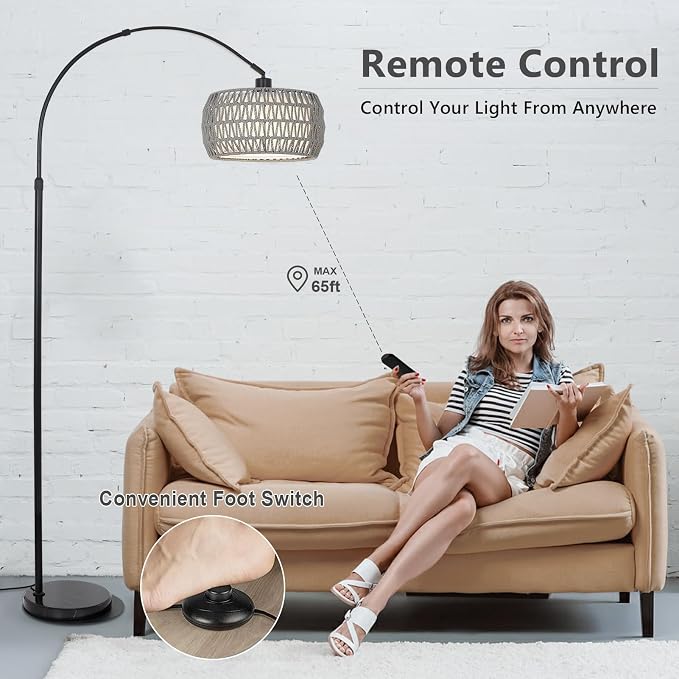 Arc Standing Lamp, Boho Floor Lamps for living room with Remote and LED Dimming Bulb, Rattan Tall Lamp for Bedroom with 3 Color Temperatures, Height Adjustable Farmhouse Stand up Light for Office