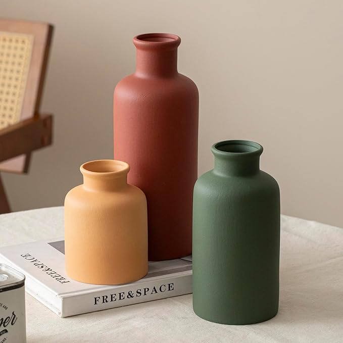 Large Modern Ceramic Vase Set of 3, Neutral Colors, Decorative Bottles for Home, Farmhouse Rustic Decor (XL Green Mix)