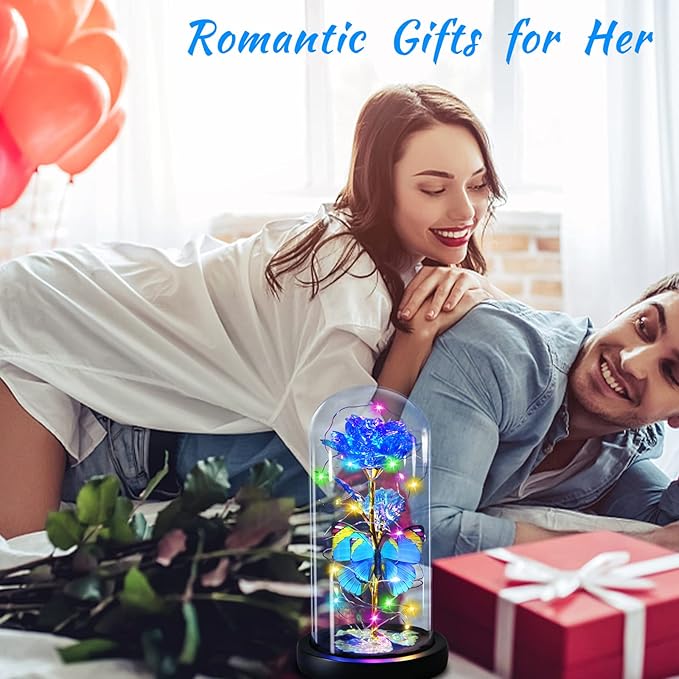Blue Butterfly Rose Flower Birthday Gifts - Women Gifts for Her Valentines Mothers Day Anniversary Christmas Thanksgiving - Light Up Rose Flower Gifts for Mom Wife Grandma Sister Girlfriend Lady Girl