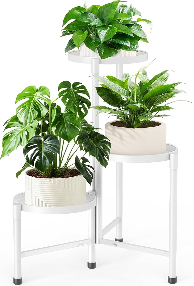 3 Tier Metal Plant Stand Indoor Outdoor, JOPBENG Corner Plant Shelf with 10 Inch Wide Tray,Flower Pot Display Holder Iron Rack Organizer Stand for Living Room Office Garden Patio Balcony Bedroom White